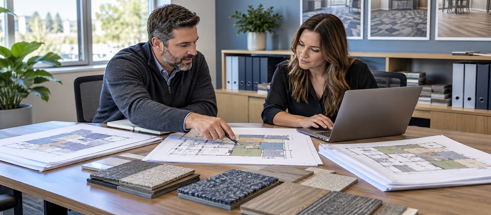 Flooring contractor team coordinating bid documents, material takeoffs and supplier quotations