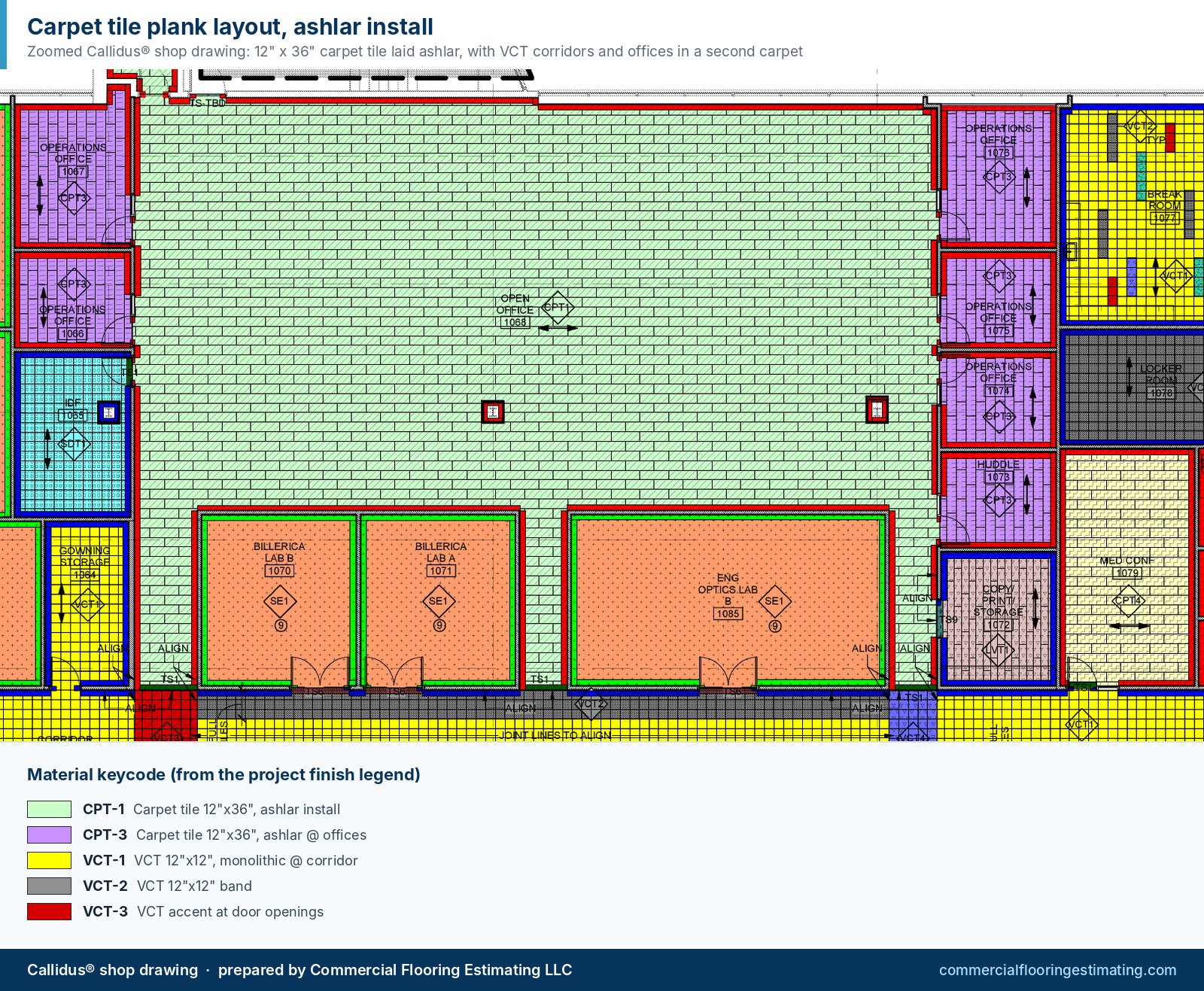 Callidus shop drawing of 12 by 36 inch carpet tile laid in an ashlar pattern next to VCT corridors