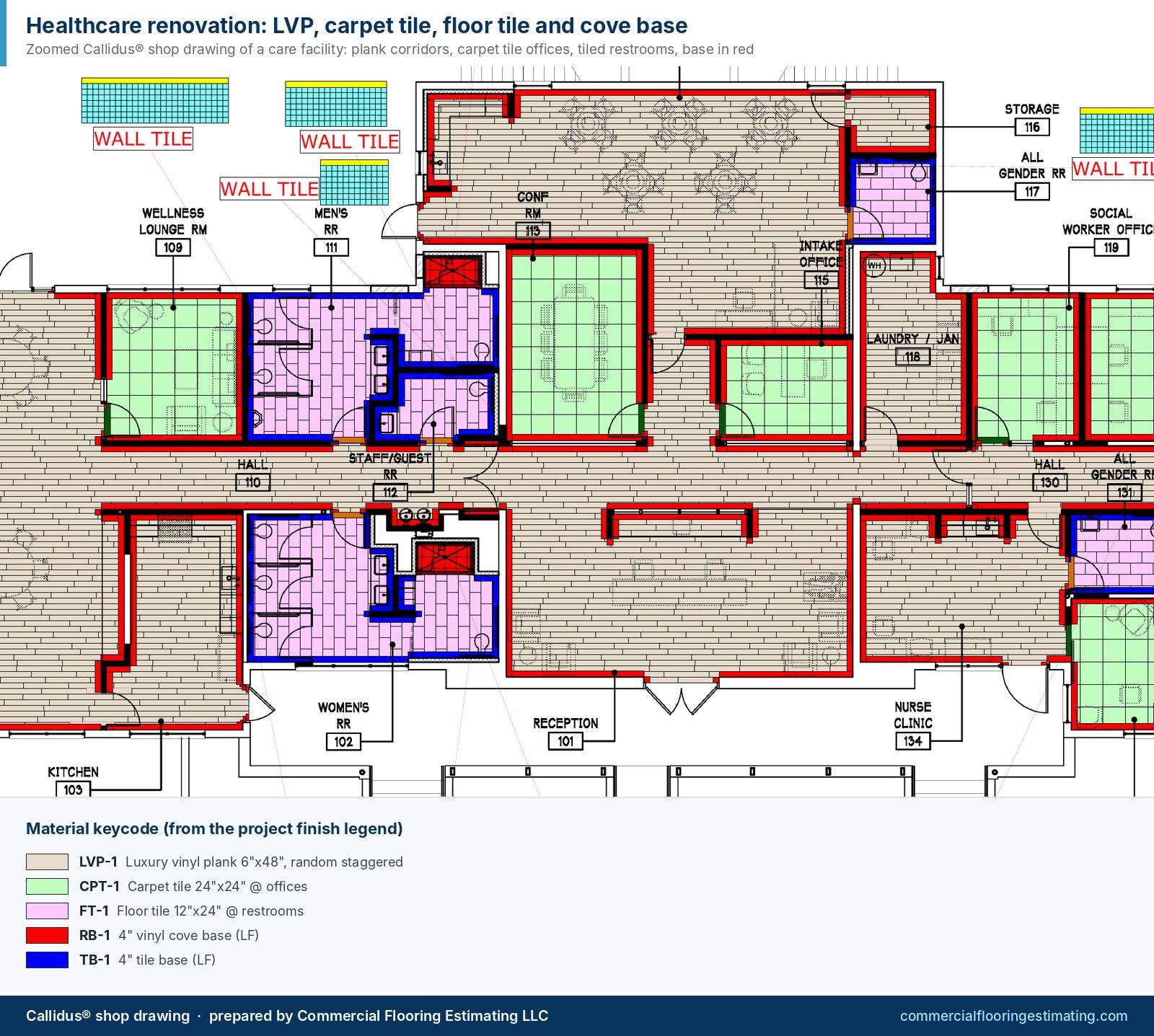 Callidus shop drawing of a healthcare facility with luxury vinyl plank corridors, carpet tile offices, tiled restrooms and cove base shown in red
