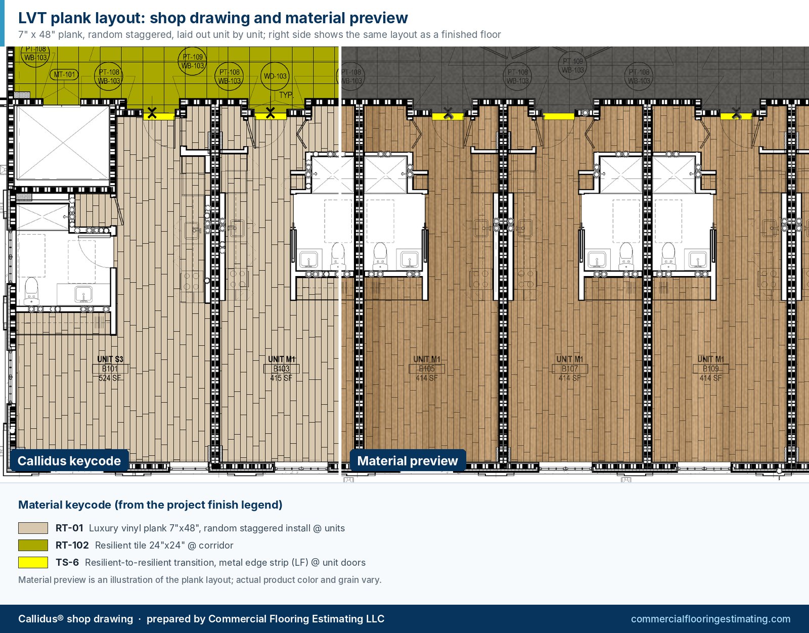 Callidus shop drawing of luxury vinyl plank in apartment units beside a realistic material preview of the same plank layout