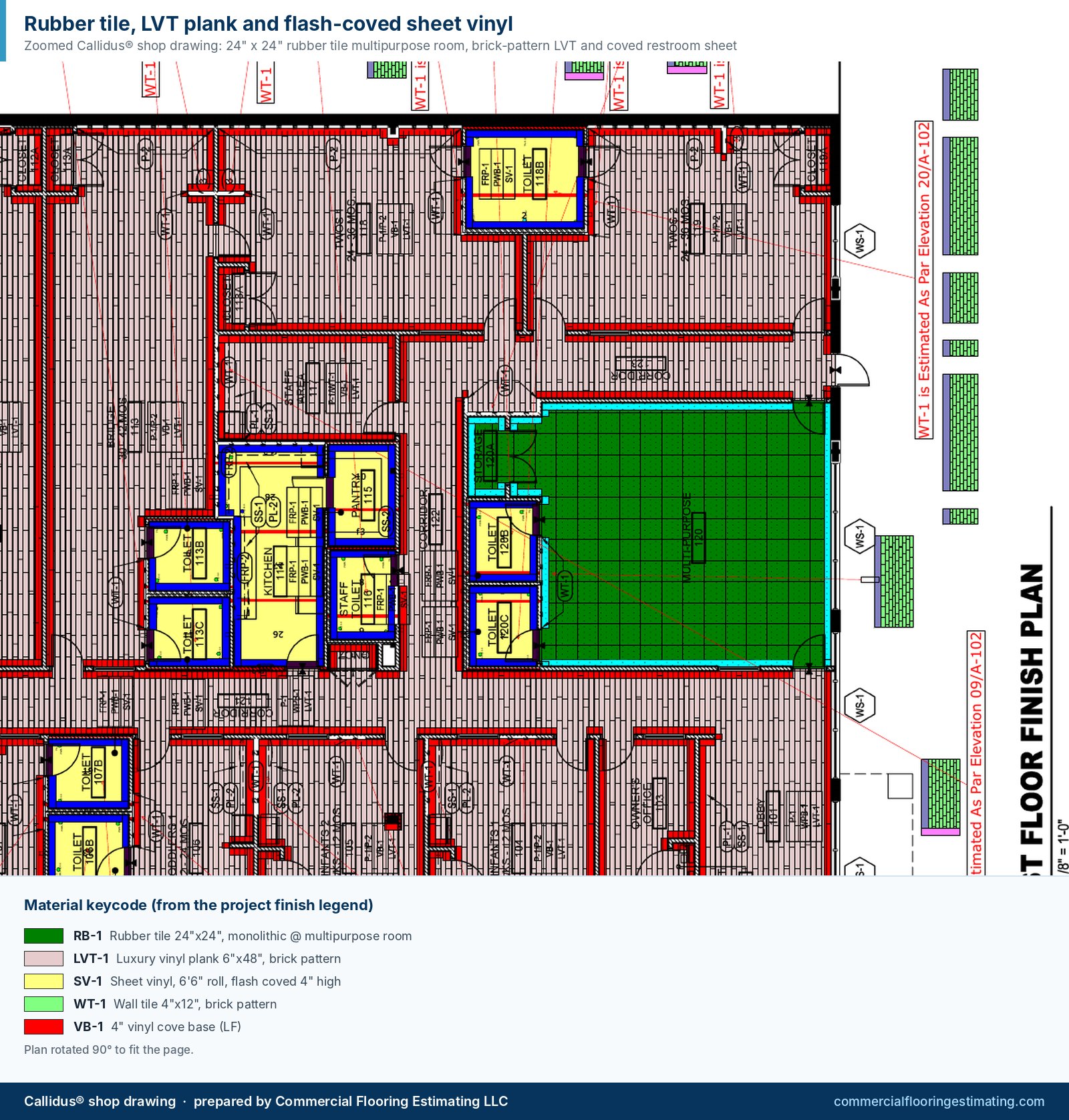 Callidus shop drawing showing a rubber tile multipurpose room, brick-pattern LVT plank and flash-coved sheet vinyl restrooms
