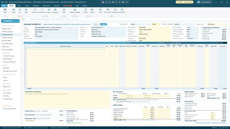 Change orders and alternates screen in CFE - Advanced Estimating Worksheet