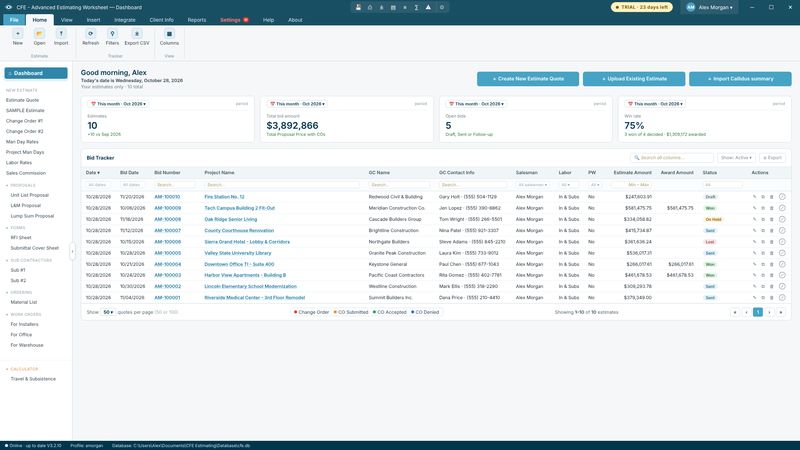 Dashboard and bid tracker screen in CFE - Advanced Estimating Worksheet