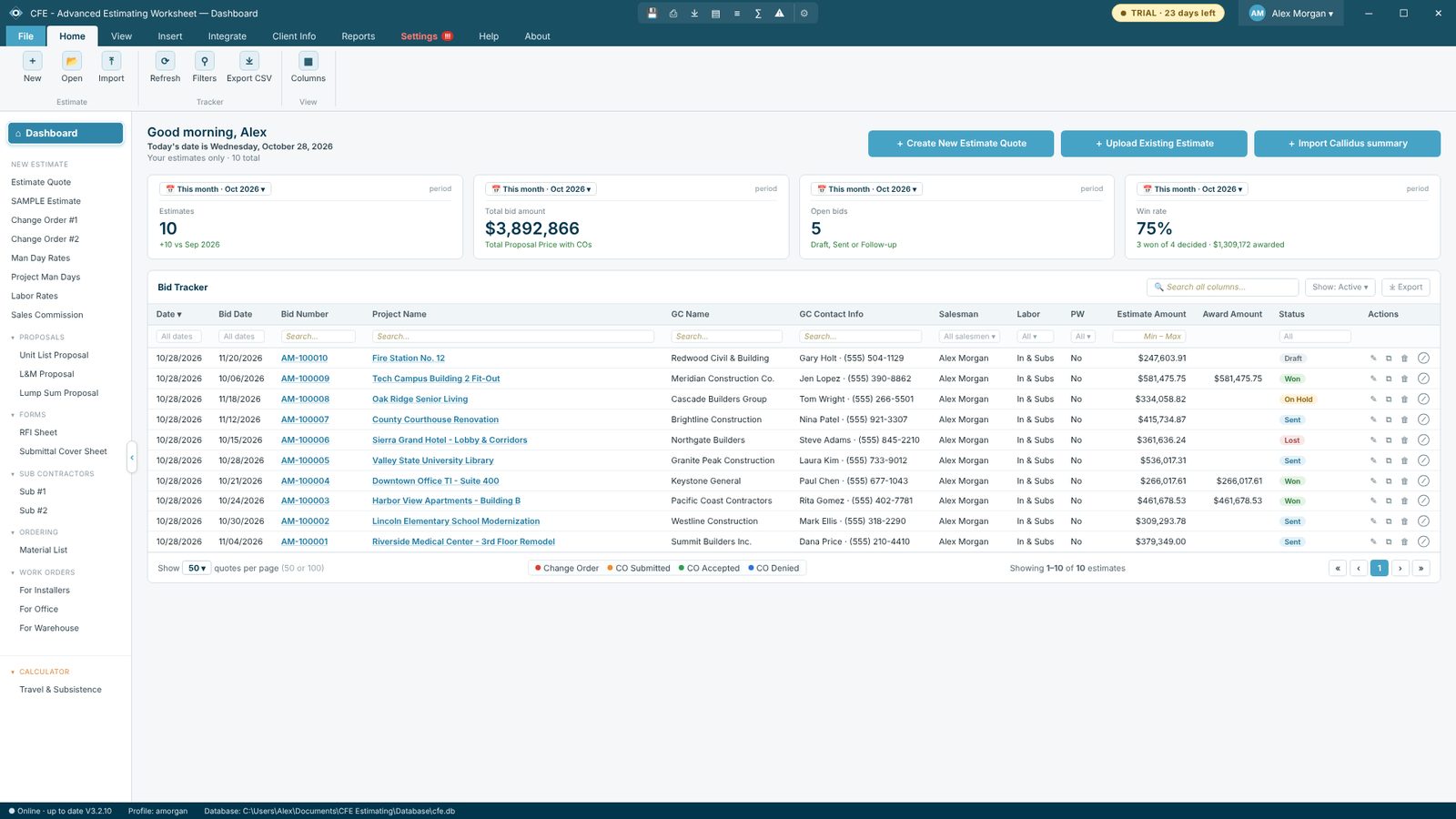 Dashboard and bid tracker with every bid, GC, amount and status in CFE - Advanced Estimating Worksheet