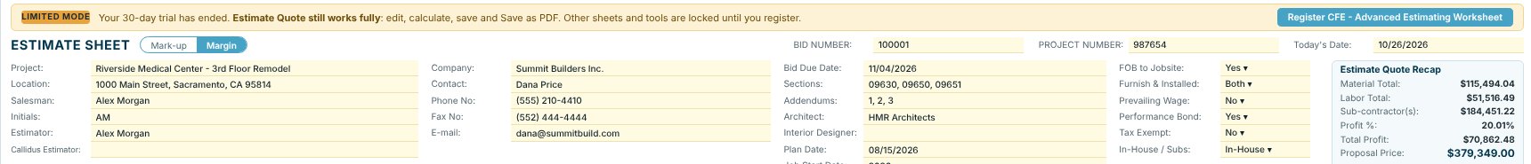 Limited Mode banner: your 30-day trial has ended, Estimate Quote still works fully