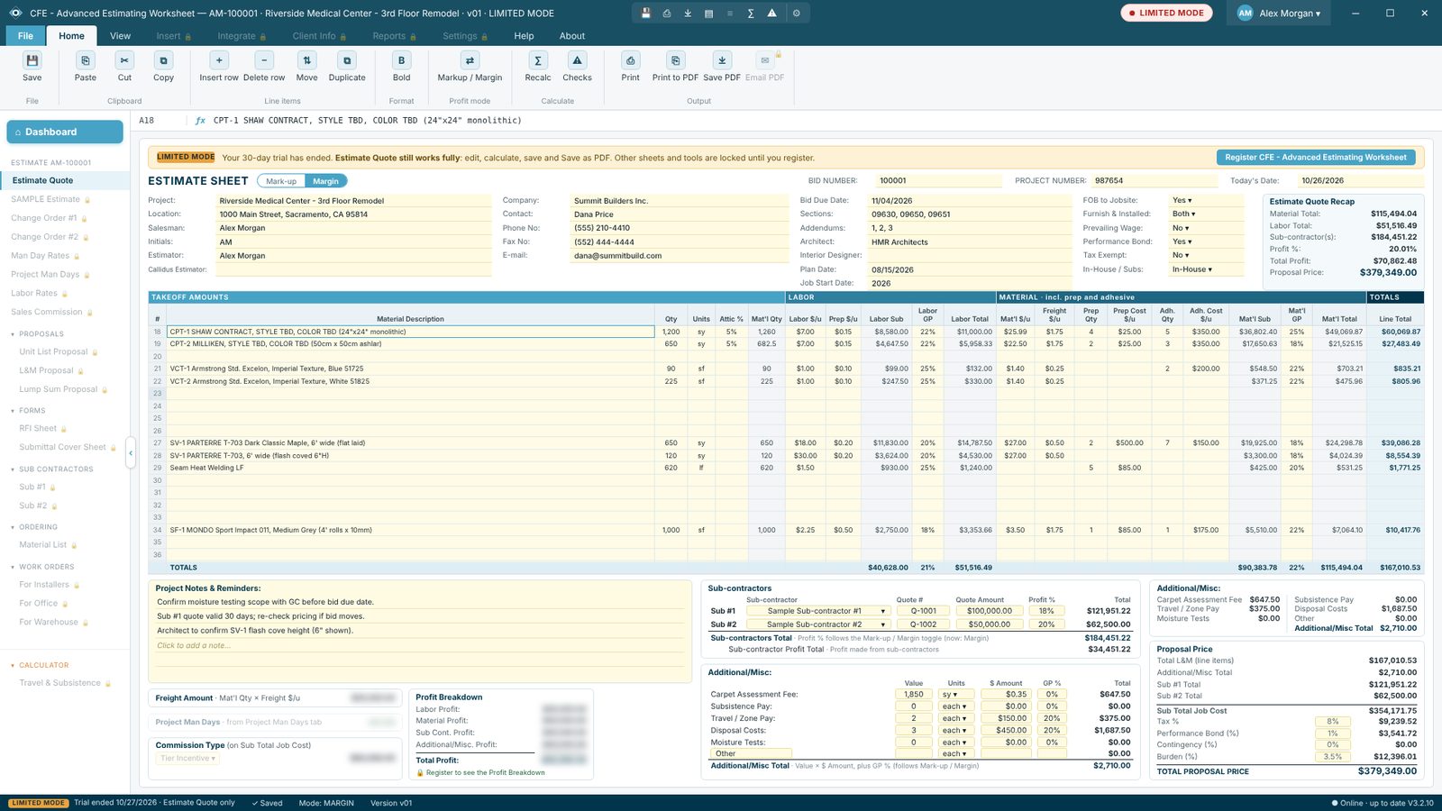 CFE - Advanced Estimating Worksheet Estimate Quote in Limited Mode after the free trial