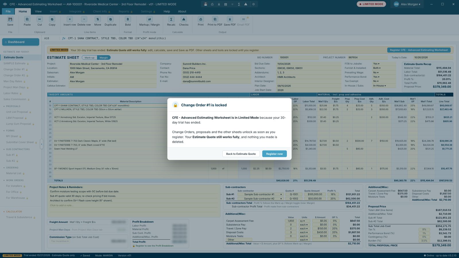 CFE - Advanced Estimating Worksheet in Limited Mode after the trial: the Estimate Quote works and Change Order 1 shows a locked message