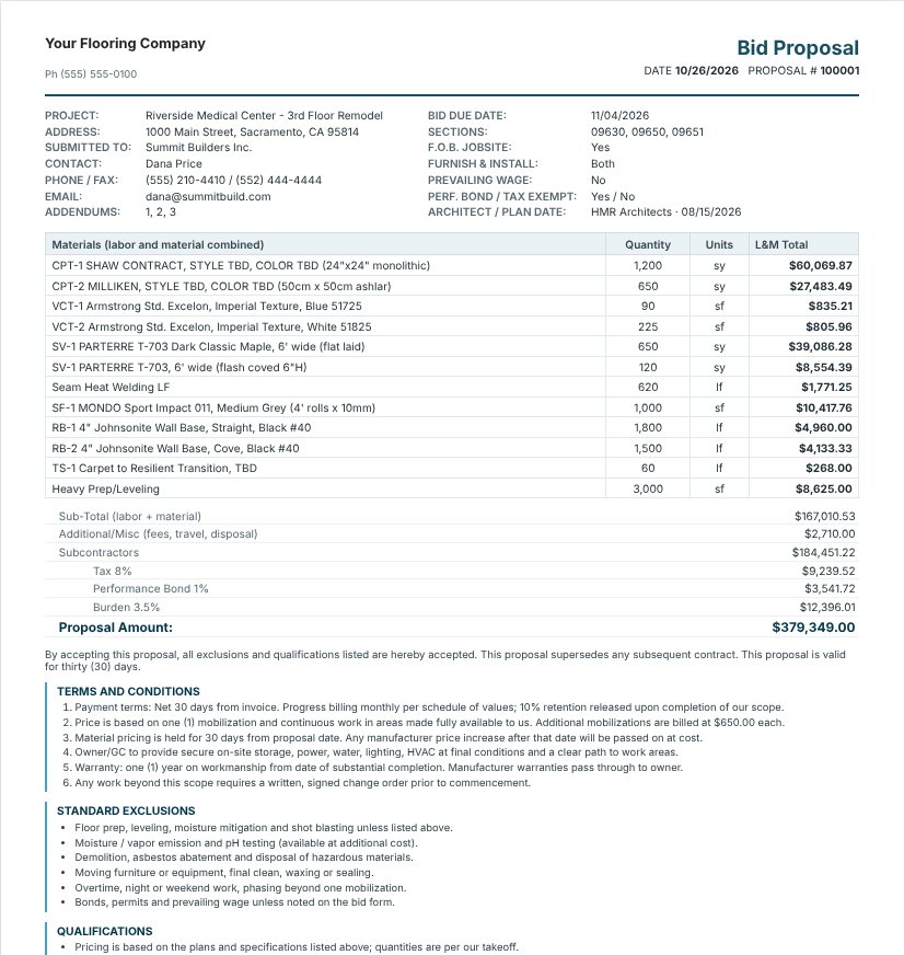 L&M bid proposal page made by CFE - Advanced Estimating Worksheet with materials, quantities, L&M totals and terms