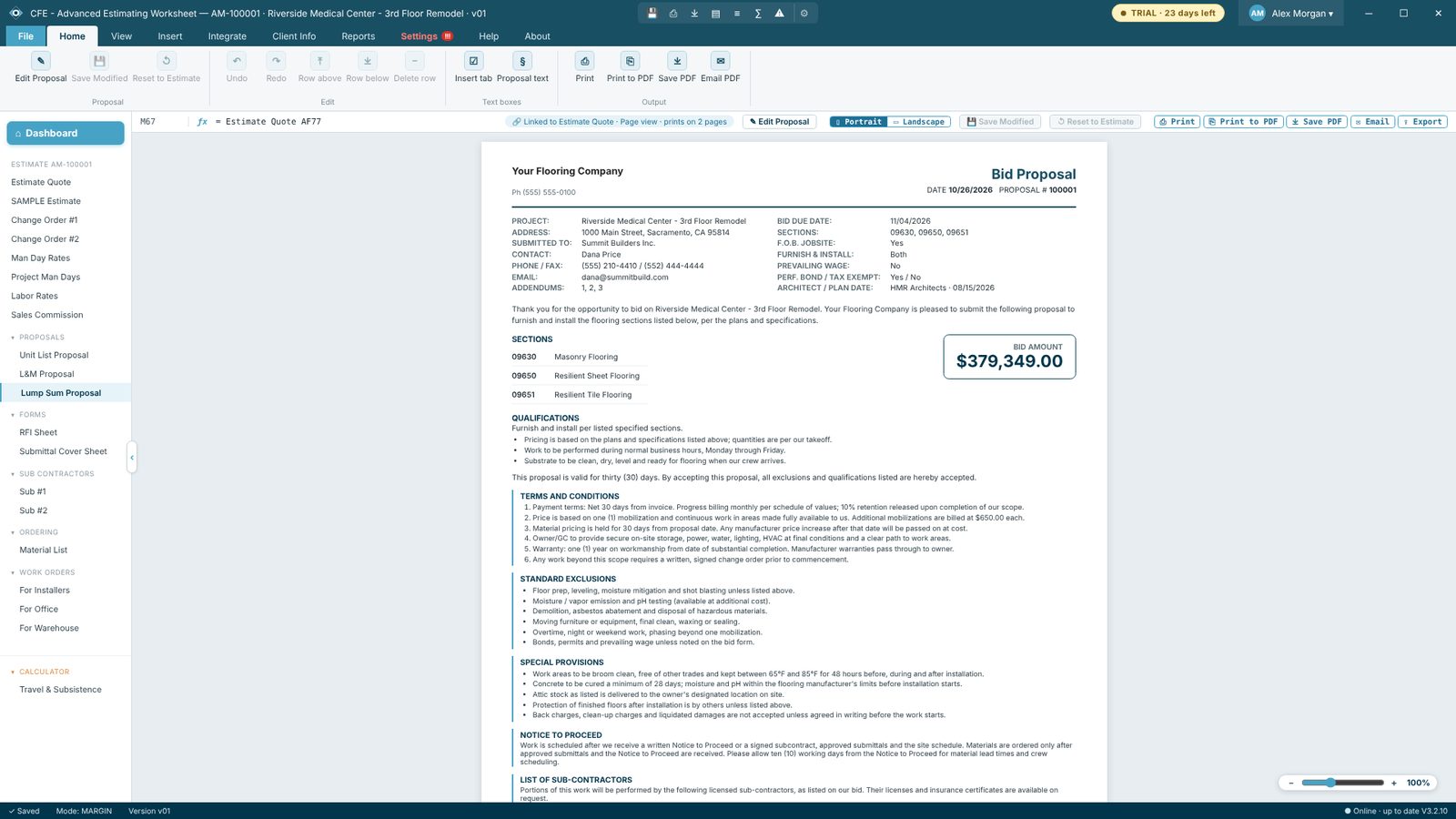 Lump Sum Proposal in CFE - Advanced Estimating Worksheet