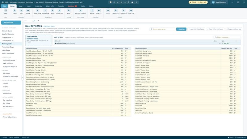 Man days, labor and commission screen in CFE - Advanced Estimating Worksheet