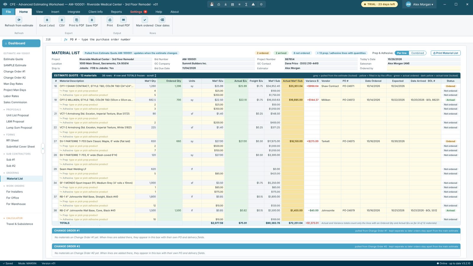 Material List for ordering, with vendor, PO number and status in CFE - Advanced Estimating Worksheet