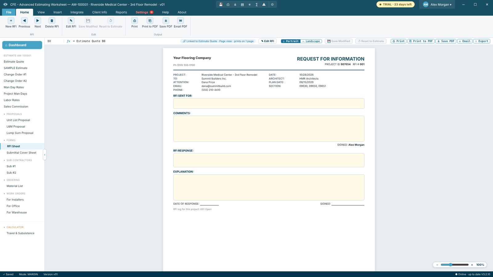 RFI Sheet in CFE - Advanced Estimating Worksheet