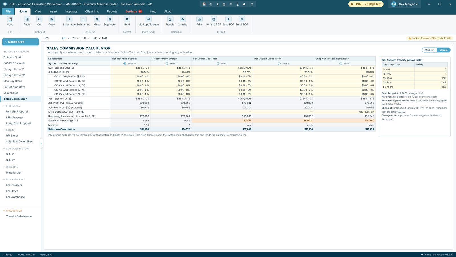 Sales Commission calculator in CFE - Advanced Estimating Worksheet