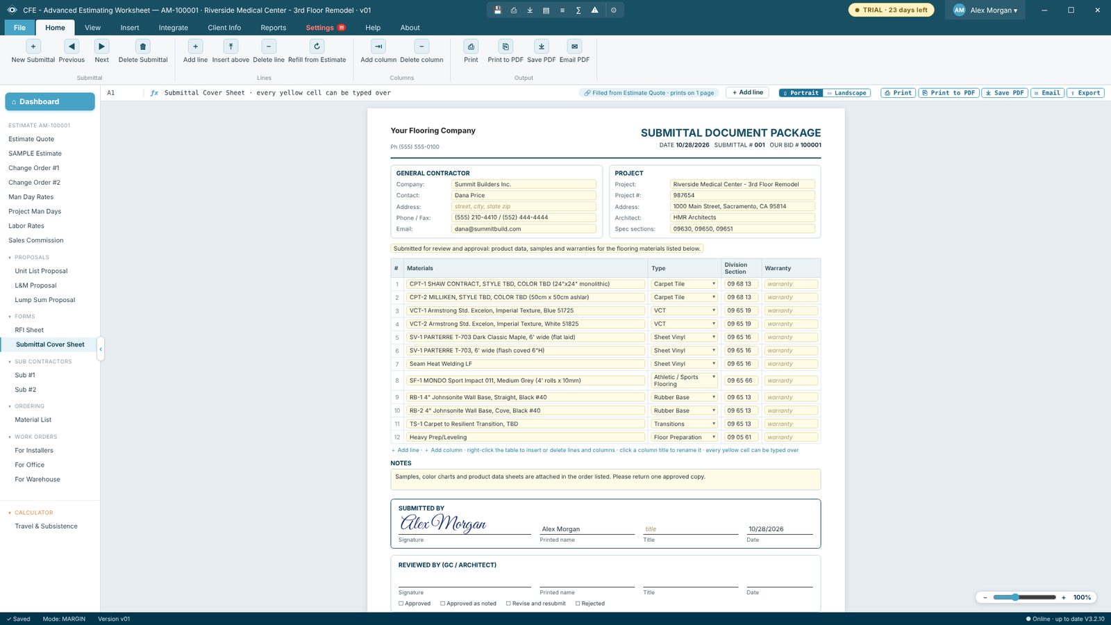 Submittal Cover Sheet in CFE - Advanced Estimating Worksheet