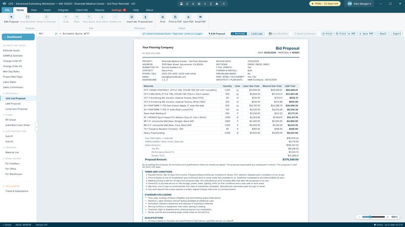 Proposals, RFI and submittals screen in CFE - Advanced Estimating Worksheet