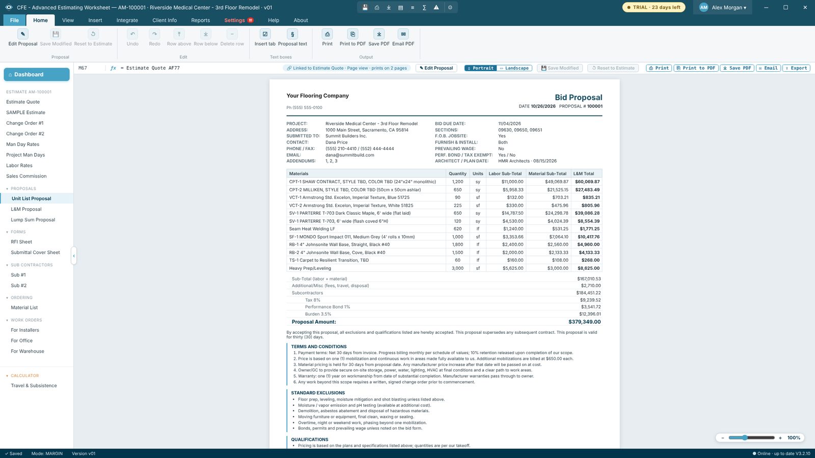 Unit List Proposal in CFE - Advanced Estimating Worksheet