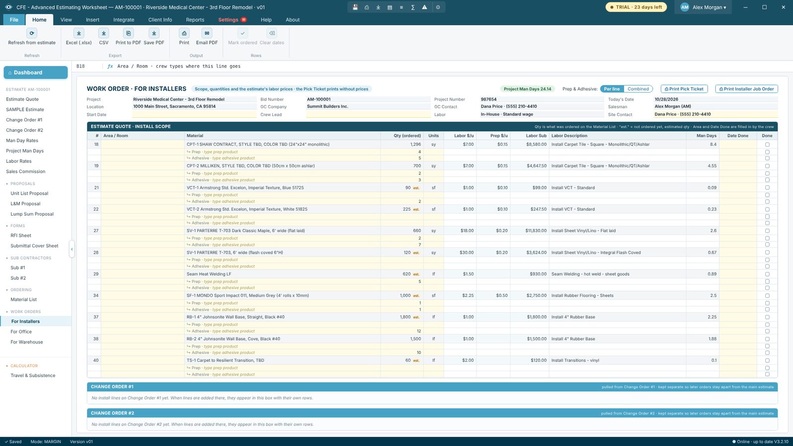Work Order for Installers in CFE - Advanced Estimating Worksheet