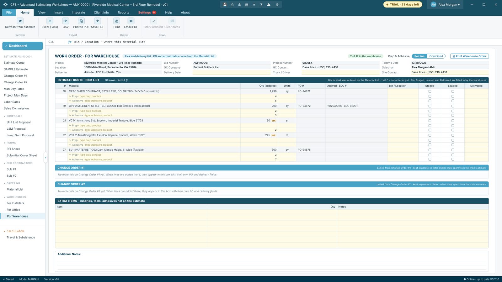 Work Order for Warehouse in CFE - Advanced Estimating Worksheet