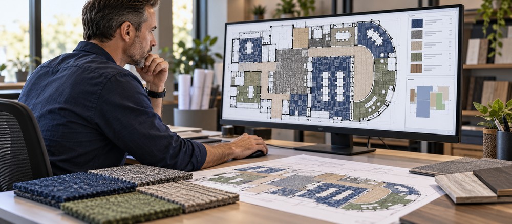 Flooring estimator reviewing a color-coded material layout and quantity information on a workstation