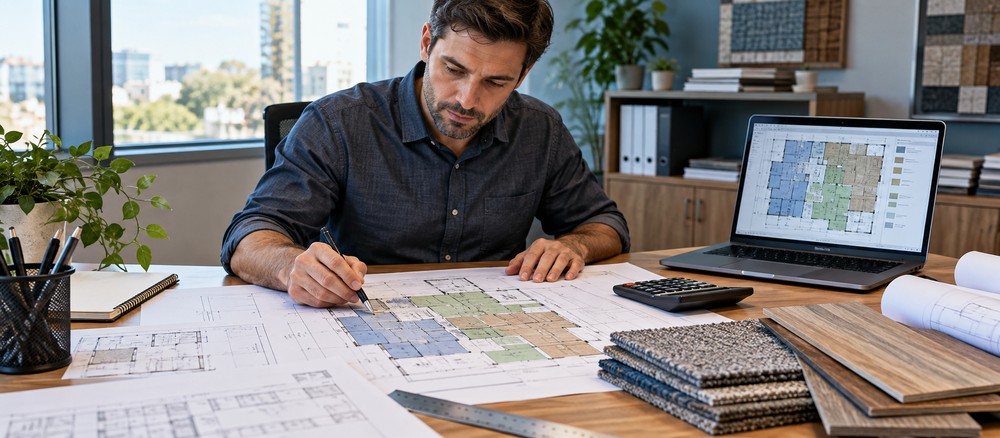 Flooring estimator reviewing architectural plans beside a laptop and flooring samples