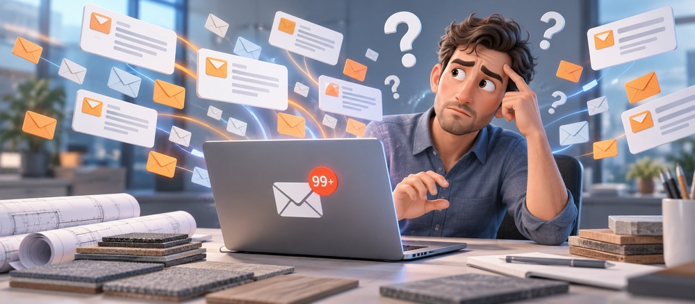 Confused flooring professional facing an inbox flooded with estimating emails and question marks