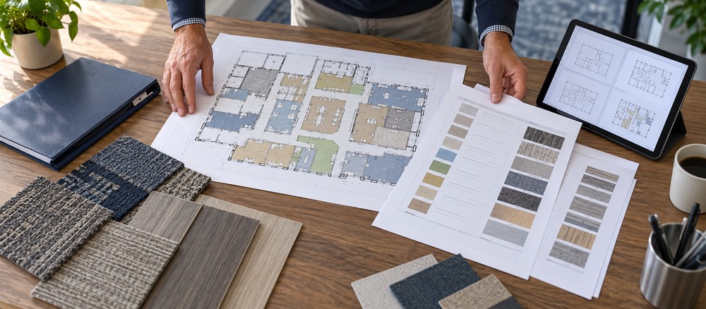 Organized flooring plans, finish schedules and material samples prepared for a takeoff handoff